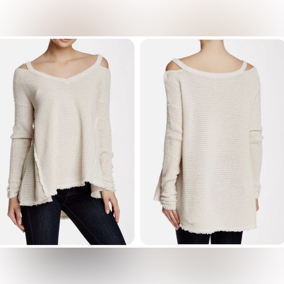 Free People Sweaters - Free People V-Neck Moonshine Pullover Cold Shoulder Sweater Women's L Cream Top